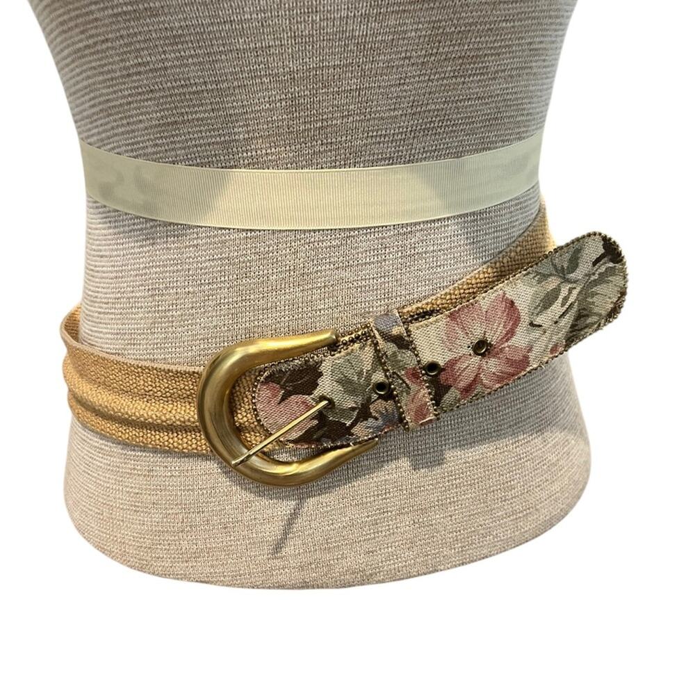 Size S/M Vintage Women’s Statement Belt 80s Floral Brass Tone Canvas